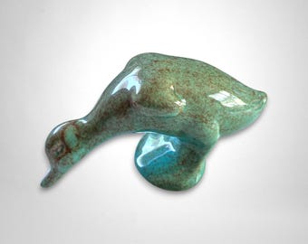 Vintage Metlox Ceramic Duck Figurine Speckled Teal Green Glaze Circa 1940s