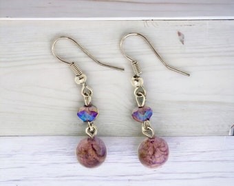 Vintage Purple Glass Bead AB Crystal Dangle Earrings Silver Tone 1 1/2"