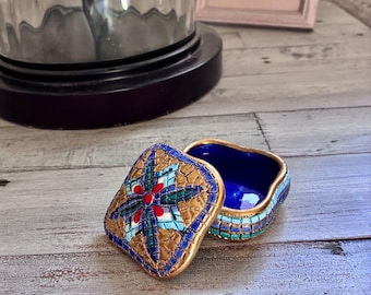 Vintage Hand-Painted Orvieto Italy Mosaic-Style Ceramic Trinket Box 2 1/2" W