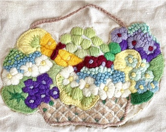 Antique Crewel Yarn Needlework Flower Basket Cotton Backed Unfinished Project