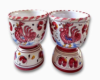 Vintage Italian Majolica Orvieto Galletto Red Rooster Double Egg Cups 2 Pc Set