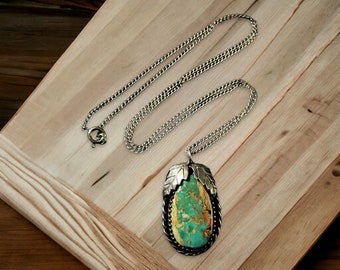 Vintage Turquoise Cabochon 925 Silver Pendant Necklace 20" L