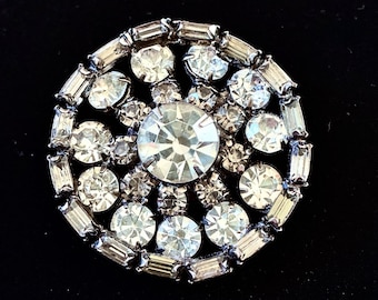 Vintage 1950s Clear and Smokey Gray Rhinestone Brooch Silver Tone Metal