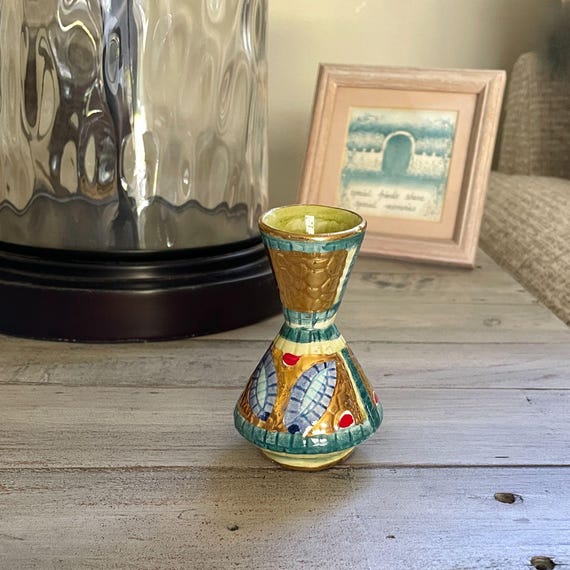 MCM Italian Ceramic Mini Vase Byzantine Mosaic Gold Tile Design '60s Deruta Style Oro Zecchino 3.75" H