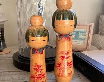 Vintage Sato Suigai Sosaku Kokeshi Doll Pair 10" & 8" Japanese Creative Wood Dolls Shirokiya Import