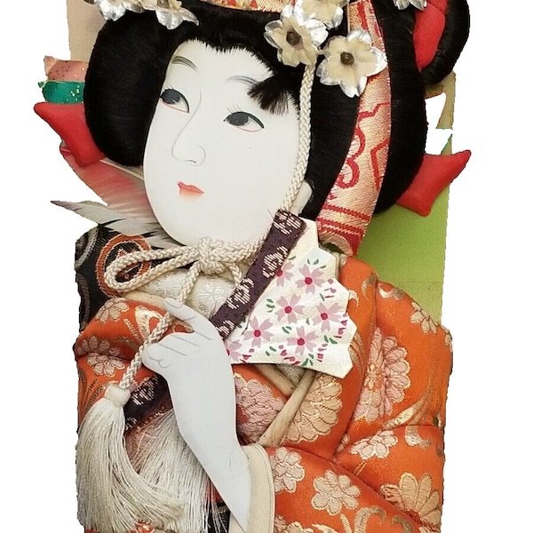 Vintage Japanese Geisha Hagoita Decorative Wood Paddle Art Kimono Silk Doll 18"