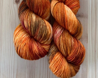 Hand dyed fall sock yarn - orange, brown, and cherry fingering yarn | fall yarn | fall colors  -  Pumpkin Patch