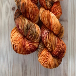 Hand dyed fall sock yarn - orange, brown, and cherry fingering yarn | fall yarn | fall colors  -  Pumpkin Patch