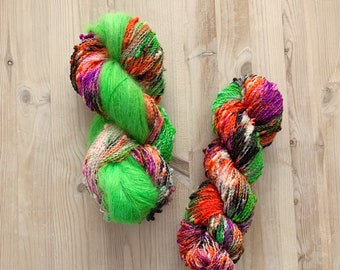 Hand dyed Halloween yarn | Halloween yarn set | Neon yarn | Monster Road Rally | Merino and mohair fingering yarn