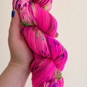 Hand dyed hot pink sock yarn with neon purple and green speckles Fluorescent sock yarn Wondrous Watermelon image 2