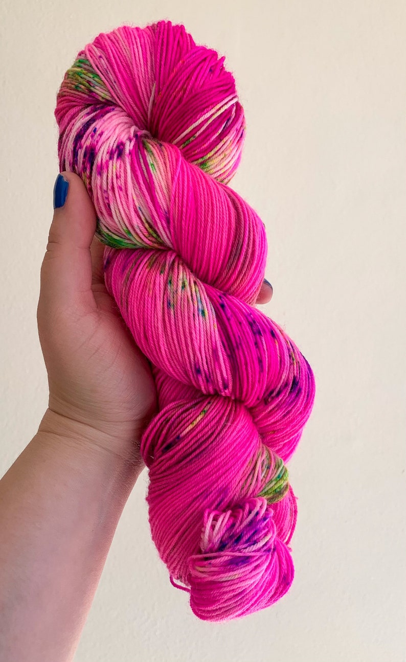 Hand dyed hot pink sock yarn with neon purple and green speckles Fluorescent sock yarn Wondrous Watermelon image 2
