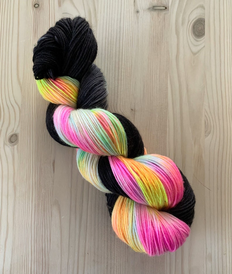 Hand dyed pastel rainbow and black sock yarn Toucan Sam Assigned color pooling yarn image 2