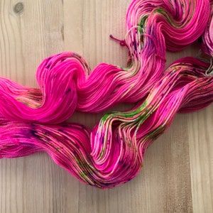 Hand dyed hot pink sock yarn with neon purple and green speckles Fluorescent sock yarn Wondrous Watermelon image 3