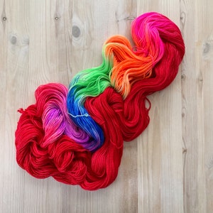 Hand dyed rainbow sock yarn - Gumball  | Red sock yarn | Rainbow sock yarn | Assigned color pooling | dyed-to-order