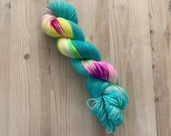 Hand dyed blue and rainbow sock yarn| Finn | Summer yarn | Adventure Time |Assigned color pooling yarn