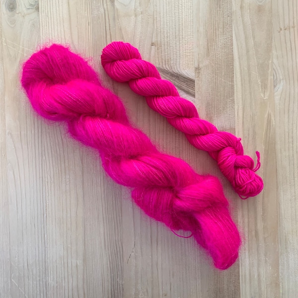 Hot pink neon yarn | Pink mohair | Hot pink sock yarn | Kitty | Tonal yarn| hand dyed sock yarn