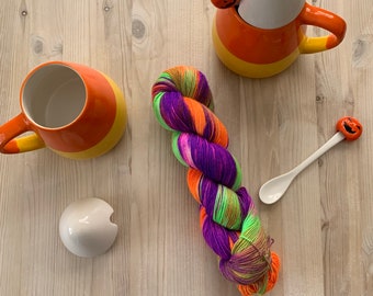 Halloween sock yarn | Bag of Tricks | Fingering Halloween Yarn | Neon purple, green and orange sock yarn