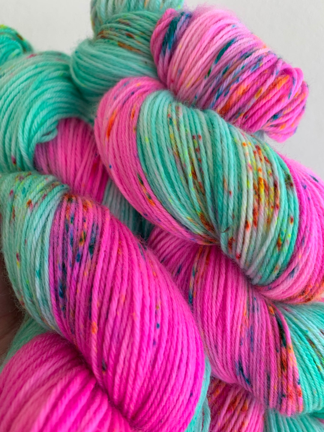 Hand Dyed Mint and Hot Pink Sock Yarn Fingering Speckled Yarn We All