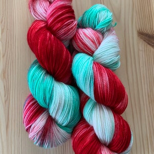 Hand dyed mint and red sock yarn | variegated fingering weight yarn - Watermelon Sugar