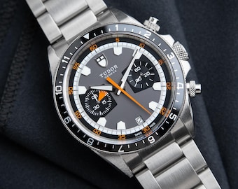 Tudor Heritage Chrono Chronograph Date Gray Dial Orange Steel Bracelet Automatic