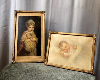 Vintage Convex Wall Art Pair – 1940s “Innocence” & “Sleeping Child”