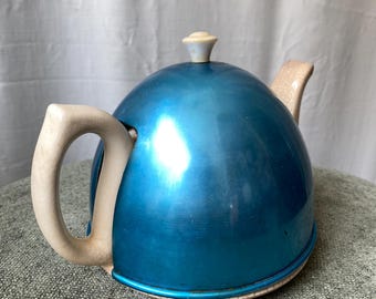 Vintage Chrome-Dome Teapot with Blue Metal Cover – Mid-Century Ceramic & Metal Teapot – Retro 1950s Sadler Style – Collectible Kitchen Decor