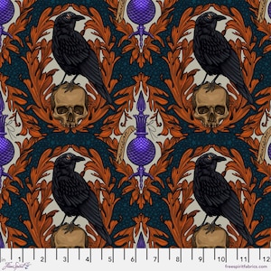 May include: A repeating fabric pattern featuring black crows perched on human skulls, surrounded by orange acanthus leaves on a dark blue background with purple poison bottles labeled poison, shown above a 12-inch measuring ruler.