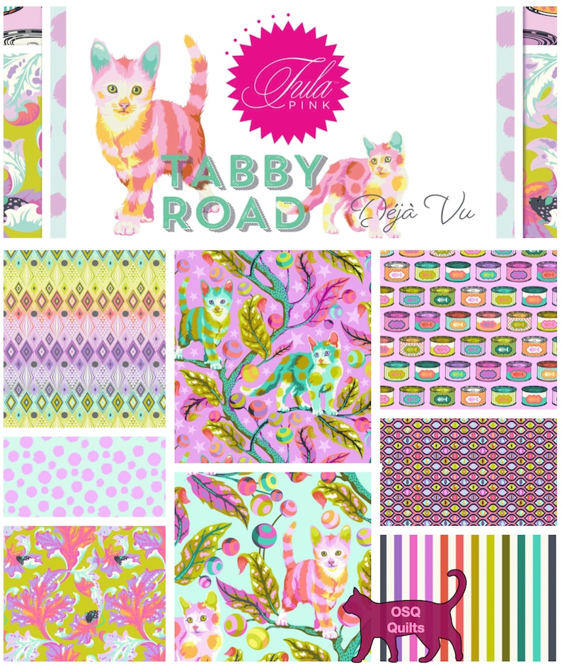 Pu&ograve; includere: Un design di tessuto colorato con vari motivi e illustrazioni. Il design include immagini di gatti, motivi floreali e forme geometriche in tonalit&agrave; di rosa, verde, giallo e viola. &Egrave; presente anche il testo "Tula Pink Tabby Road D&eacute;j&agrave; Vu".