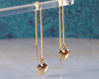 Gold Puffed Heart Threader Earrings