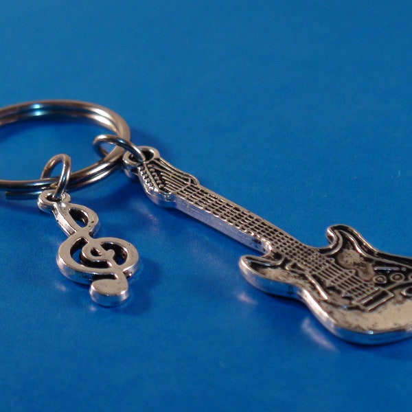 GUITAR Key Ring, Silver Guitar Keyring, Tibetan Silver Guitar Charm Keyring, Music Sign Charm Key Ring, Musical Instrument Keychain