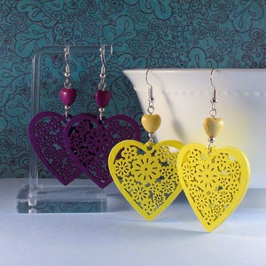 Heart earrings, Purple heart earrings, Yellow heart earrings, Orange heart earrings, Wooden heart & Turquoise heart earrings, Party earring image 1