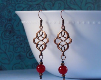 Celtic knot earrings, Antique copper celtic earrings, Red Onyx beads & copper twist connector, Gift