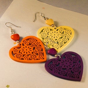 Heart earrings, Purple heart earrings, Yellow heart earrings, Orange heart earrings, Wooden heart & Turquoise heart earrings, Party earring image 2