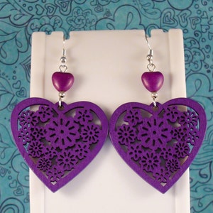 Heart earrings, Purple heart earrings, Yellow heart earrings, Orange heart earrings, Wooden heart & Turquoise heart earrings, Party earring image 3