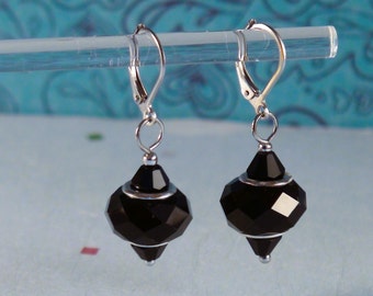 Black Earrings, Black Crystal Faceted Beads, Geometric Minimal Earrings,  :)