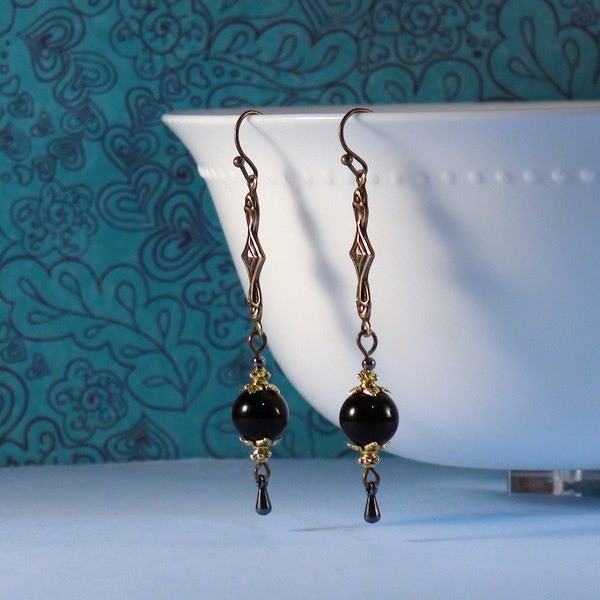 Art Deco Earrings, Black Art Deco Earrings, Art Deco Vintage Earrings, Antique Gold Vintage Earrings, Black Agate Onyx Earrings, Gift