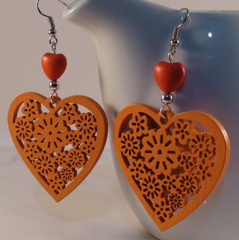 Heart earrings, Purple heart earrings, Yellow heart earrings, Orange heart earrings, Wooden heart & Turquoise heart earrings, Party earring image 5