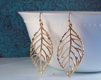 Leaf earrings, Gold plated leaf earrings, Gold earrings, Hollow gold leaf, long leaf earrings :)