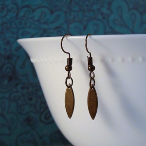 Antique bronze marquise earrings, Small/ lightweight/ minimal bronze earrings, Antique bronze charm 16mm x5mm & hooks