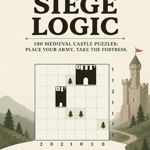 Op de afbeelding: Een Siege Logic puzzelboekcover met de tekst "SIEGE LOGIC 100 MEDIEVAL CASTLE PUZZLES: PLACE YOUR ARMY, TAKE THE FORTRESS." Het ontwerp bevat een raster met cijfers, kasteelpictogrammen, boomsymbolen en iconen van militaire eenheden.