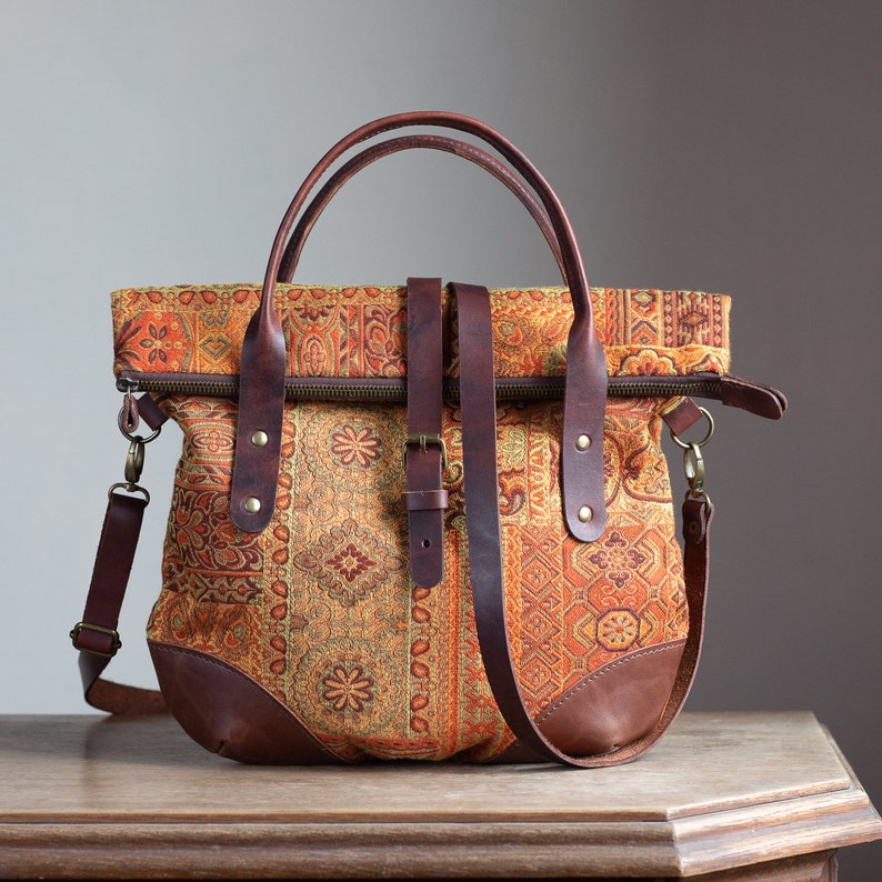 Tapestry Women Handbag Pumpkin Leather Everyday Bag Fabric Etsy