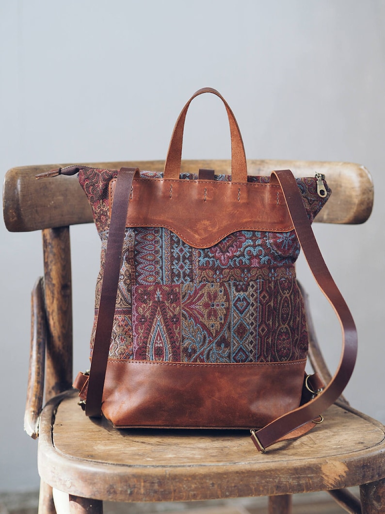 Tapestry Leather Backpack Plum for Women Boho Etsy