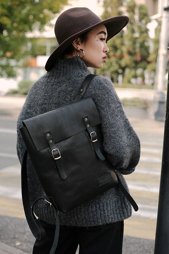 Leather Black Laptop Backpack for Women Men Hipster Travel Etsy