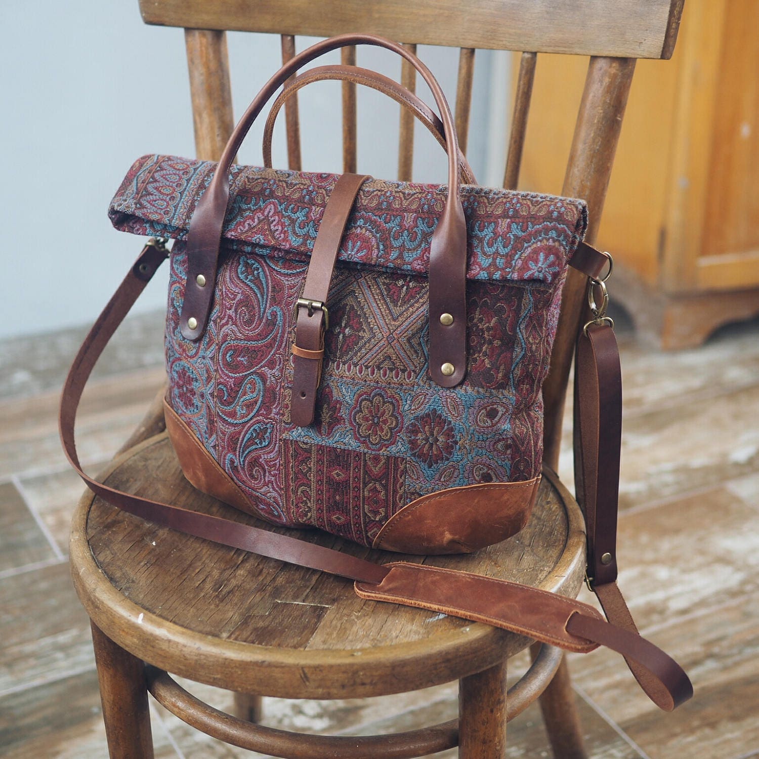 Leather Tapestry Tote Bag for Women Everyday Crossbody Purse Etsy