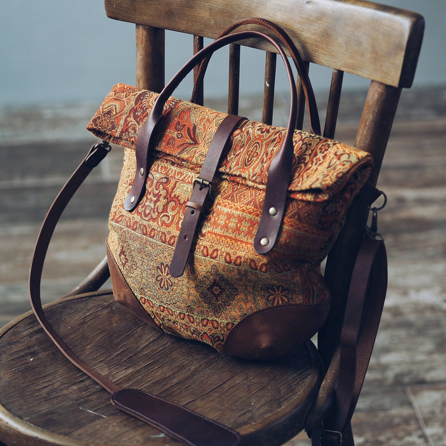 Tapestry Women Handbag Pumpkin Leather Everyday Bag Fabric Etsy