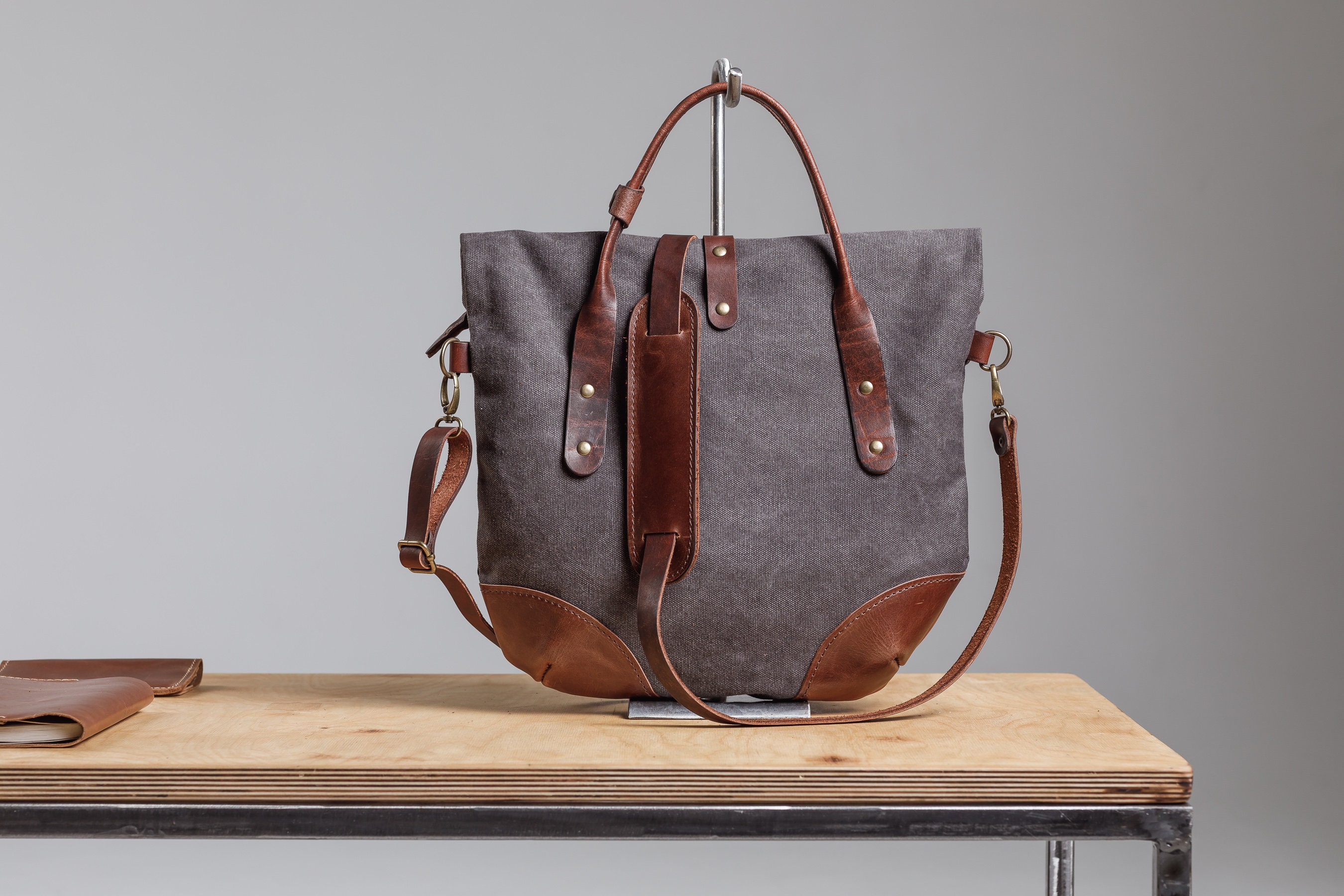Leather Tote Bag Grey Canvas Handbag Shoulder Messenger | Etsy
