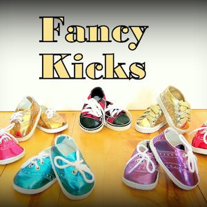 May include: A collection of colorful, shiny sneakers with laces. The sneakers are arranged in pairs on a wooden floor. The text "Fancy Kicks" is written in yellow letters at the top of the image.