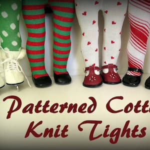 May include: Four pairs of patterned cotton knit tights in various colors and designs, including green with white polka dots, red and green stripes, white with red hearts, and red and white candy cane stripes. The tights are displayed on a white surface with the text "Patterned Cotton Knit Tights" below.