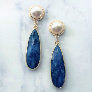 Pearl and Dyed Sapphire Teardrop Earrings: Blue & White