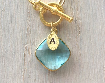 Personalized Aquamarine Toggle Necklace, Gold Paperclip Chain, March Birthstone Jewelry